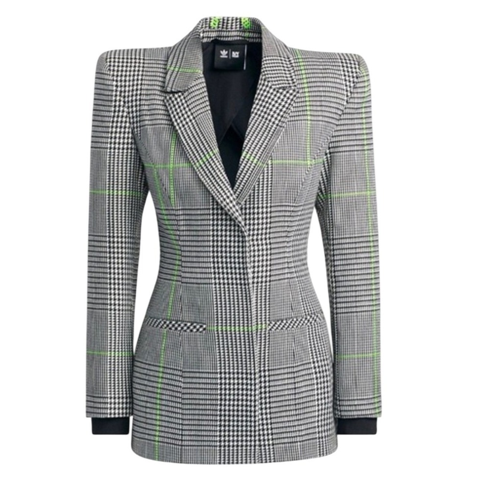 Adidas x Ivy Park Glen Plaid Blazer Womens Medium Black White Neon Green HG2378